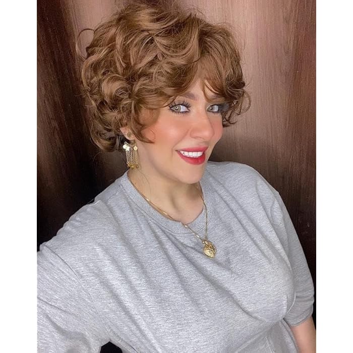 DILLARDS Elegant Short Curly Wig, Honey Blonde Synthetic Hair, Voluminous Style with Natural Looking Waves and Side Bangs - Image 2